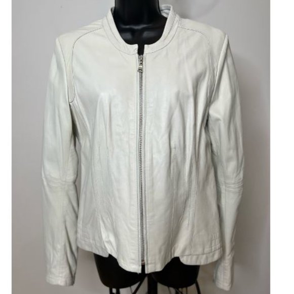 NWT Danier Womens Zip Front Leather Jacket Crew Neck Long Sleeve Size M White - Picture 1 of 4